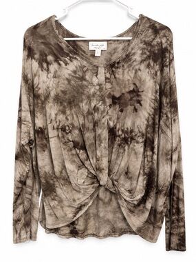 lavender field Brown Tie-Dye Long-Sleeve Knot Front Top